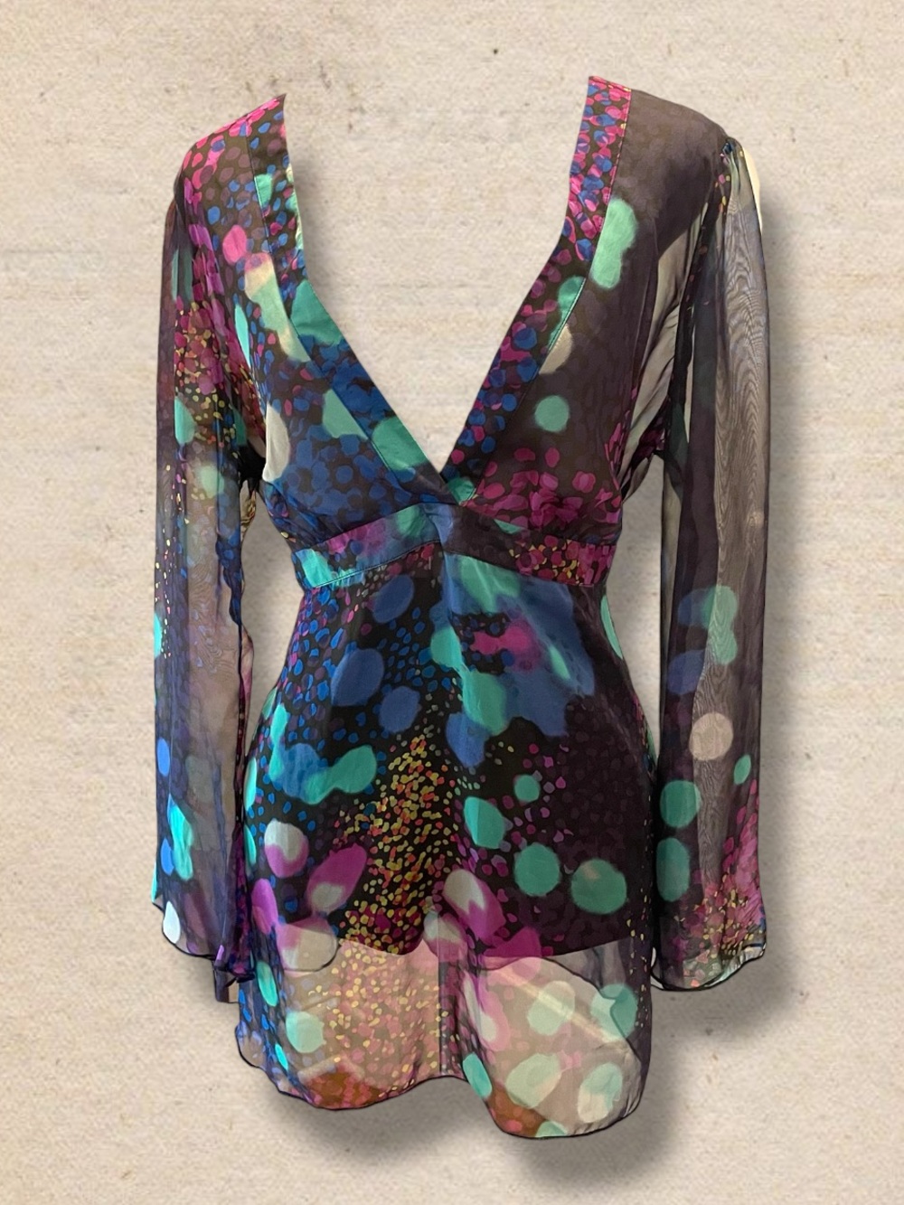 Vintage y2k per una Sheer V-Neck Multicolor Dot-Print Tunic
